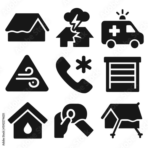 Emergency Roof Icons. Solid style icons of emergency roof services: tarp roof icon, storm damage patch, urgent repair van,