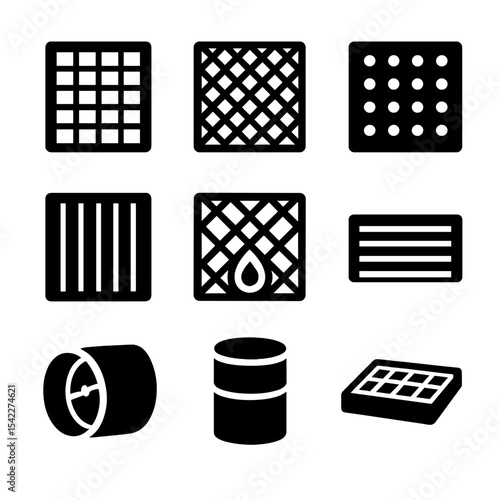 Ventilation Filter Icons. Solid style icons of ventilation filters and parts: HEPA filter, mesh screen, activated carbon filter,