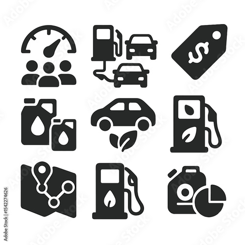 Carpool Fuel Icons. Solid style icons of fuel-saving carpool systems: fuel gauge with group icon, shared pump icon, hybrid carpool