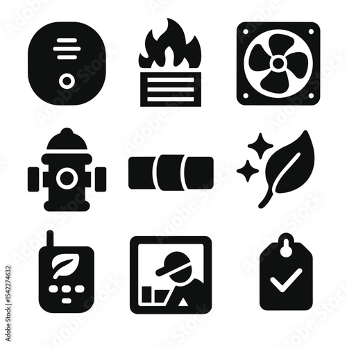 Ventilation Safety Icons. Solid style icons of ventilation safety: carbon monoxide detector, fire damper, smoke extraction fan,