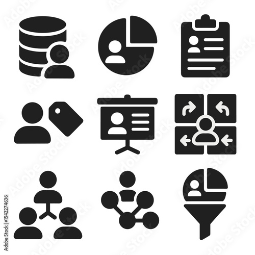 Audience Profiling Icons. Solid style icons of audience profiling tools: CRM database, segmentation chart, survey icon, user tag