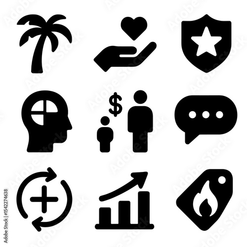 Psychographic Icons. Solid style icons of psychographic segmentation: lifestyle icon, personal values, interest badge, personality
