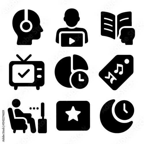 Media Consumption Icons. Solid style icons of media consumption segmentation: podcast listener, video viewer, reader profile,