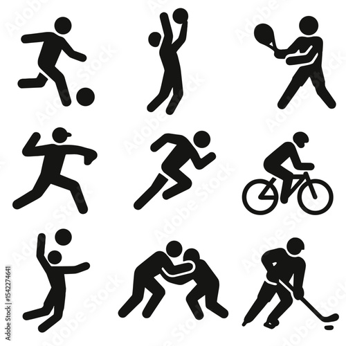 Outdoor Sports Icons. Solid style icons of outdoor sports silhouette: soccer kick, basketball shot, tennis swing, baseball pitch,