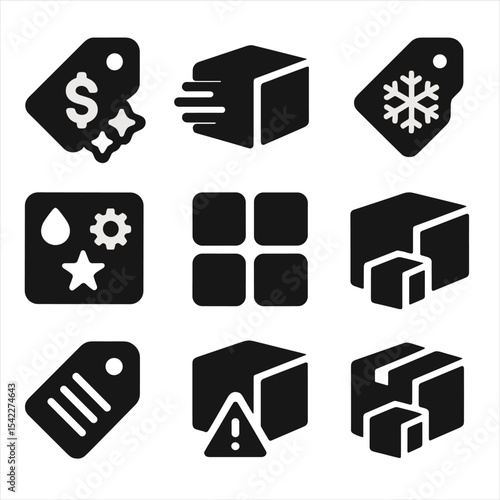 Product Segmentation Icons. Solid style icons of product segmentation: high-margin product group, fast-moving icon, seasonal item