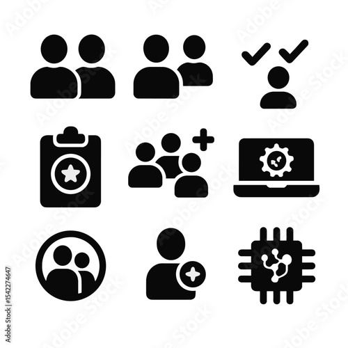 Lookalike Audience Icons. Solid style icons of lookalike audience creation: clone icon, source audience, matched traits,