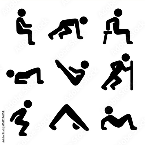 Bodyweight Training Icons. Solid style icons of bodyweight training silhouette: wall sit, mountain climbers, tricep dips, glute