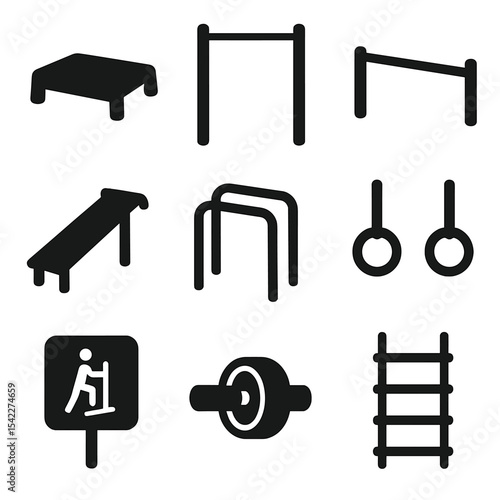 Park Fitness Equipment Icons. Solid style icons of park fitness equipment silhouette: step platform, pull-up frame, stretching bar