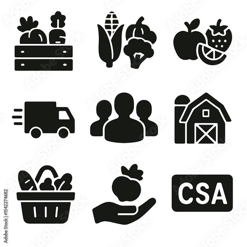 CSA Essentials Icons. Solid style icons of CSA share basics: farm box, seasonal vegetables, fresh fruit icon, weekly delivery,