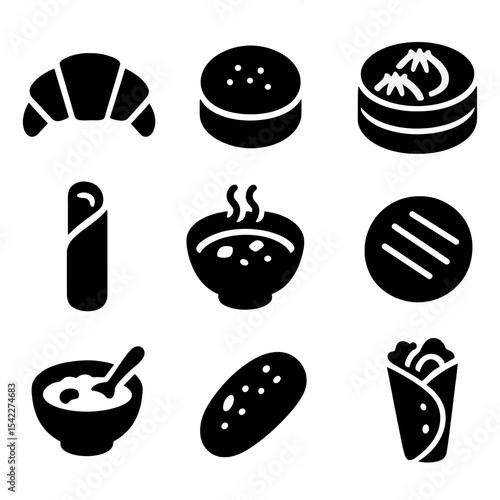 International Breakfast Icons. Solid style icons of international breakfast foods: croissant icon, English muffin, dim sum basket,