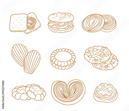 Set of original hand-drawn cookie illustrations in a linear minimalist style. Vector illustrations of cookies suitable for posters, bakeries, cafe menus, and graphic design.