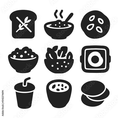 Gluten-Free Breakfast Icons. Solid style icons of gluten-free breakfast items: gluten-free toast, rice porridge, almond pancake,
