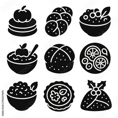 Seasonal Breakfast Icons. Solid style icons of seasonal breakfast items: pumpkin pancake, holiday bread, summer berry bowl, apple