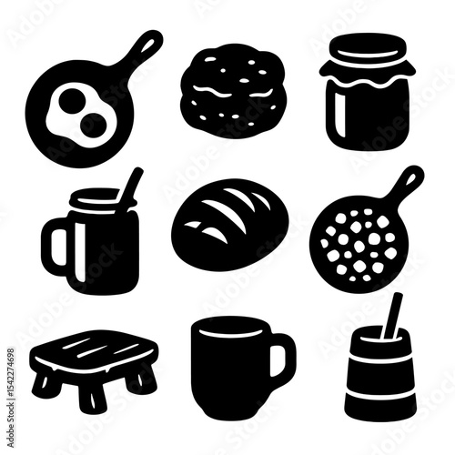 Rustic Breakfast Icons. Solid style icons of rustic breakfast items: cast iron pan eggs, country biscuit, farmhouse jam jar, mason
