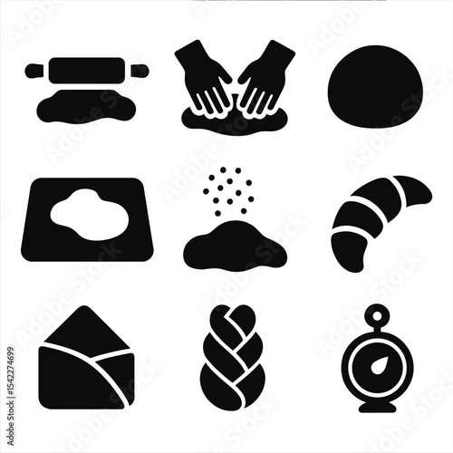 Pastry Icon Set. Solid style icons of dough and pastry work: dough roller, kneading hands, dough ball, pastry mat, flour dusting,
