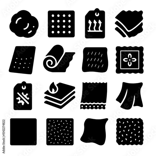Solid Fabric Icons. Solid style icons of fabric: felted wool icon, perforated cloth square, breathable fabric tag, double gauze