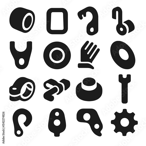 Bicycle Parts Icons. Solid style icons of bicycle parts: gear housing stop, frame vent port, brake booster arm, shift cable anchor