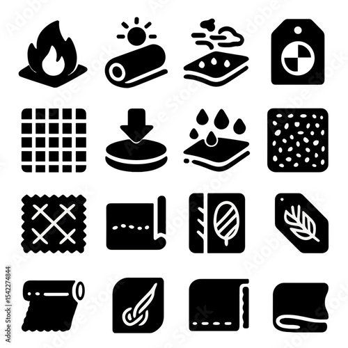 Fabric Icon Collection. Solid style icons of fabric: thermal fleece icon, summer fabric roll, weather-resistant layer, color test