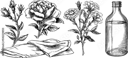 Herbal blend with dried rose tea and glass jar essentials for aromatherapy and crafts