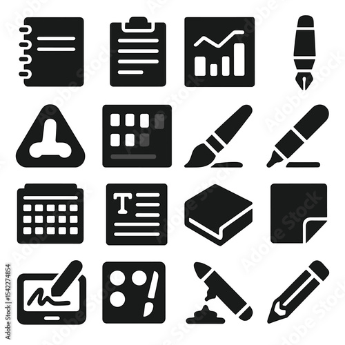 Solid Writing Tools Icons. Solid style icons of writing tools: student notebook, exam writing pad, handwriting analysis chart,