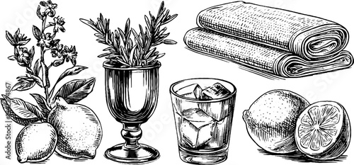 Elegant beverage set with goblet, ice-filled glass, and lemons for sophisticated gatherings