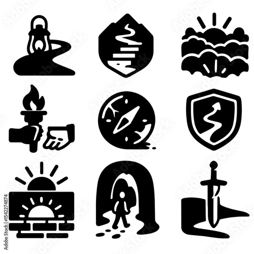 Perseverance Symbol Icons. Solid style icons of perseverance symbols: lantern on long trail, stair symbol in mountain, badge with