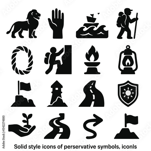 Icons of Perseverance. Solid style icons of perseverance symbols: lion standing tall, hand reaching upward, stormy ocean with boat