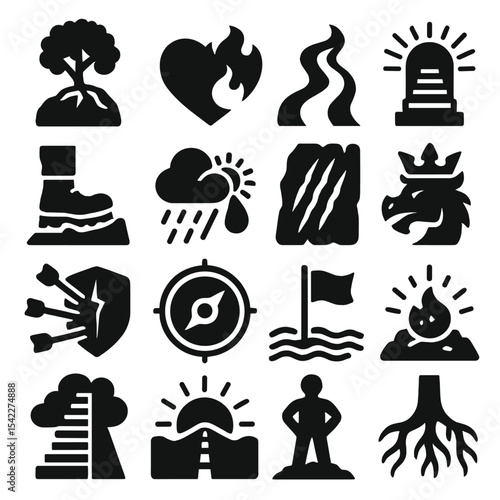 Perseverance Symbols Icons. Solid style icons of perseverance symbols: tree growing from rock, heart with flame inside, fire trail