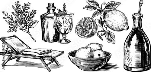 Elegant beverage setup with lemon garnish and lounge chair illustration for summer themes