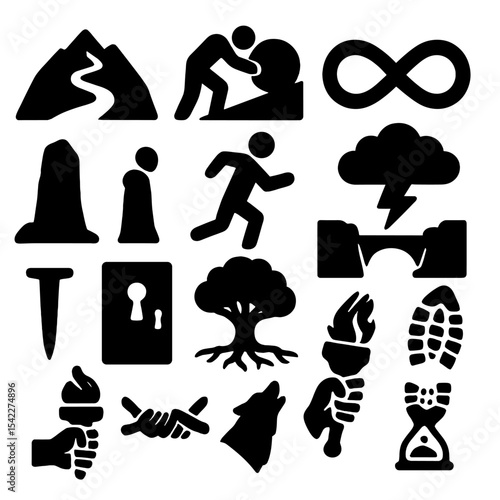 Perseverance Symbols Icons. Solid style icons of perseverance symbols: mountain path trail, person pushing boulder, infinite loop,