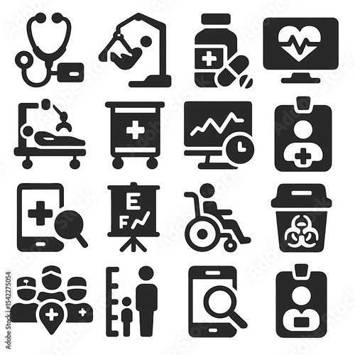 Healthcare Icon Collection. Solid style icons of medical and healthcare: electronic stethoscope, patient transfer lift, emergency