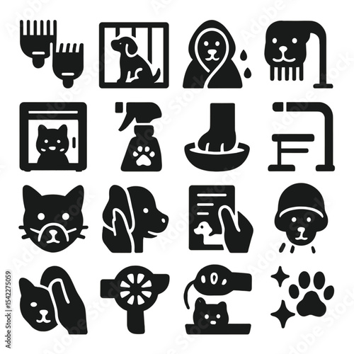 Pet Grooming Essentials. Solid style icons of pet grooming silhouette: clipper guard set, drying crate with pet, pet after-shower