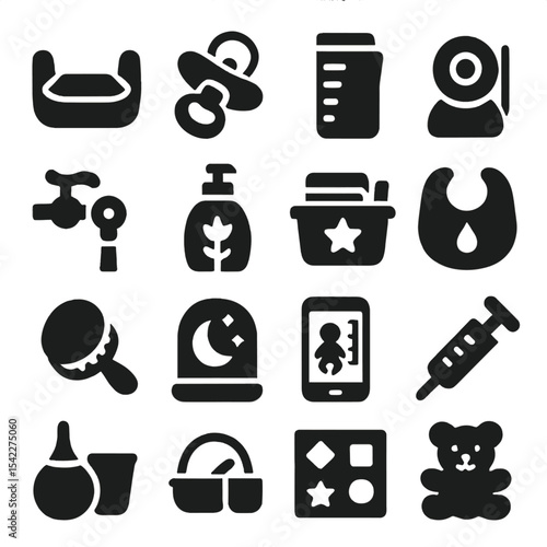 Parenting Essentials Icons. Solid style icons of parenting essentials: toddler booster pad, pacifier with case, milk storage bag,