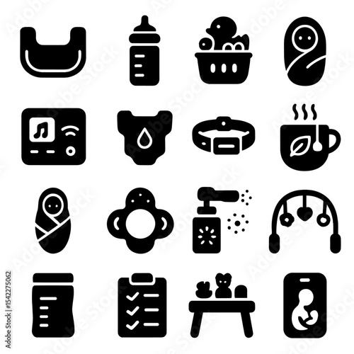 Parenting Essentials Icons. Solid style icons of parenting essentials: toddler mealtime tray, bottle measurement icon, bath toy