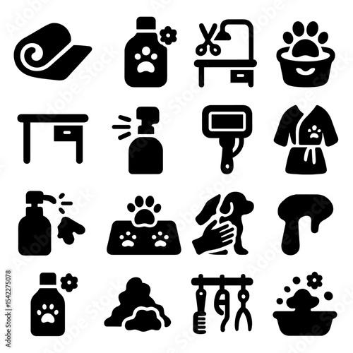 Pet Grooming Icons. Solid style icons of pet grooming silhouette: dry towel roll for pets, scented pet shampoo, grooming area
