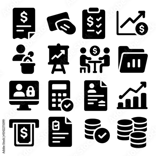 Business Finance Icons. Solid style icons of business and finance: invoice payment status icon, contactless transaction symbol,
