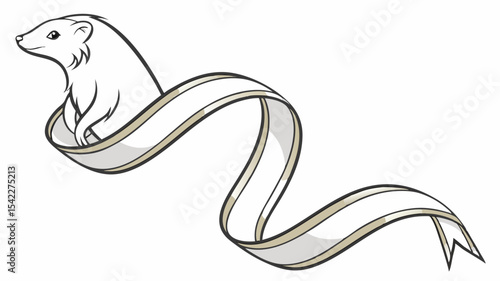 Illustration of a white weasel wrapped in a long, flowing white ribbon with a gray outline design