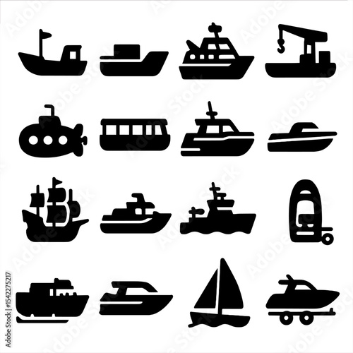 Watercraft Silhouette Icons. Solid style icons of watercraft silhouette: open-deck fishing trawler, floating logistics boat,