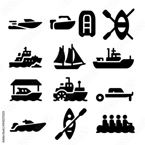 Watercraft Silhouette Icons. Solid style icons of watercraft silhouette: jet boat with spray trail, recreational fishing boat,