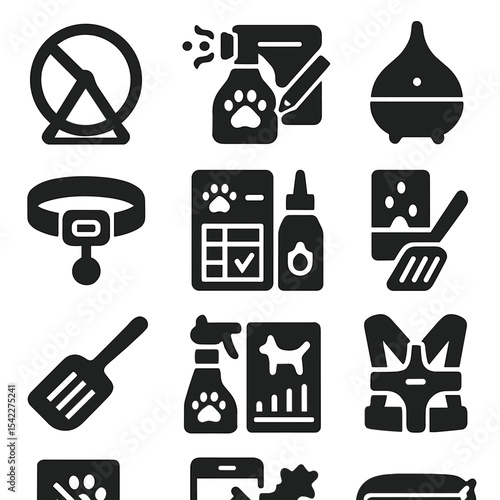 Pet Care Icons. Solid style icons of pet care: pet exercise wheel, odor neutralizer spray, pet food journal, calming diffuser, pet