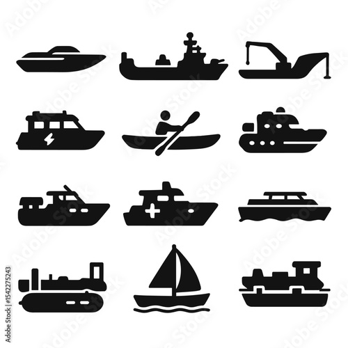 Watercraft Silhouette Icons. Solid style icons of watercraft silhouette: high-speed racing boat, semi-submersible cargo vessel,
