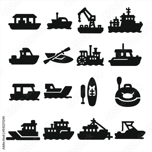Diverse Watercraft Silhouettes. Solid style of watercraft silhouette: floating stage boat, robotic marine scout, barge with icons