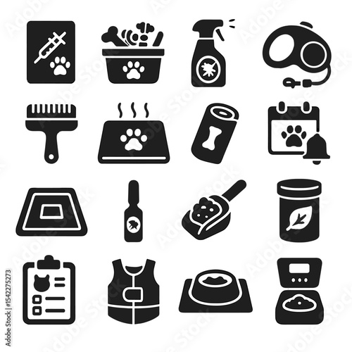 Pet Care Icons. Solid style icons of pet care: pet vaccination card, chew toy basket, tick repellent spray, retractable leash, pet