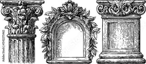 Egyptian revival cornice and moorish arch elements for classic architectural design