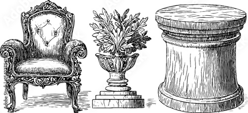 Antique egyptian and roman furniture elements – throne, curule chair, and decorative pedestal design for historical themes