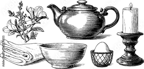 Vintage tea time collection with enameled kettle and pewter tankard for traditional drinkware enthusiasts