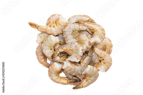 Foto Fresh raw headless shrimps prawns isolated on white background.