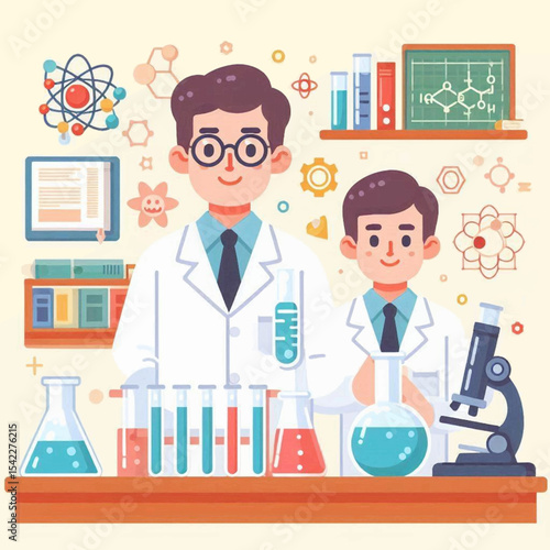 Two cartoon scientists behind a lab bench of beakers flasks  a microscope with chemical diagrams floating in the background