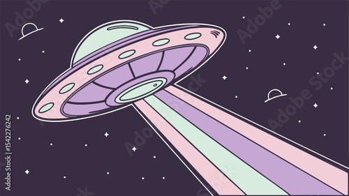 Pastel ufo with beam of light in space with stars and another ufo in the distance illustration