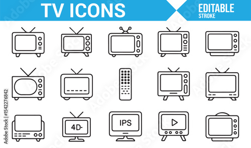 Line Art Icons for TV and Entertainment: 4K, HD, Remote, and WiFi Symbols